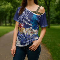 New Zealand Christmas In July Personalised Cross Shoulder Shirt Funny Santa Sheep Meri Kirihimete Blue LT14 - Polynesian Pride