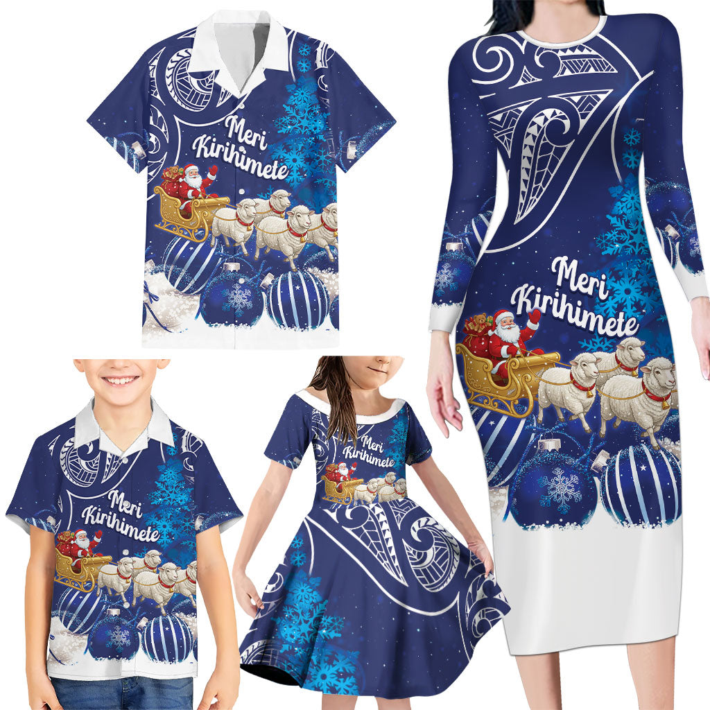 New Zealand Christmas In July Personalised Family Matching Long Sleeve Bodycon Dress and Hawaiian Shirt Funny Santa Sheep Meri Kirihimete Blue LT14 - Polynesian Pride
