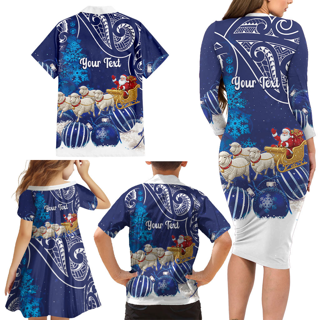 New Zealand Christmas In July Personalised Family Matching Long Sleeve Bodycon Dress and Hawaiian Shirt Funny Santa Sheep Meri Kirihimete Blue LT14 - Polynesian Pride