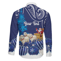 New Zealand Christmas In July Personalised Family Matching Off The Shoulder Long Sleeve Dress and Hawaiian Shirt Funny Santa Sheep Meri Kirihimete Blue LT14 - Polynesian Pride