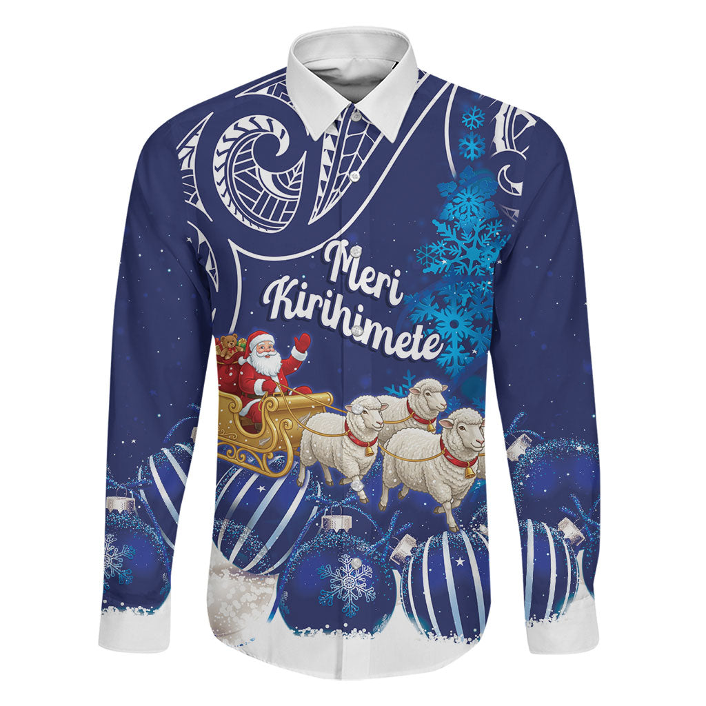 New Zealand Christmas In July Personalised Family Matching Off Shoulder Maxi Dress and Hawaiian Shirt Funny Santa Sheep Meri Kirihimete Blue LT14 Dad's Shirt - Long Sleeve Blue - Polynesian Pride