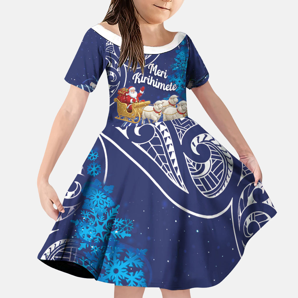 New Zealand Christmas In July Personalised Family Matching Off Shoulder Short Dress and Hawaiian Shirt Funny Santa Sheep Meri Kirihimete Blue LT14 Daughter's Dress Blue - Polynesian Pride