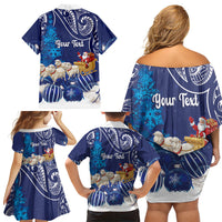 New Zealand Christmas In July Personalised Family Matching Off Shoulder Short Dress and Hawaiian Shirt Funny Santa Sheep Meri Kirihimete Blue LT14 - Polynesian Pride