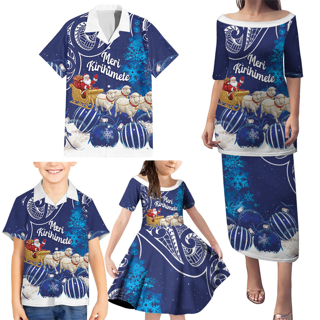 New Zealand Christmas In July Personalised Family Matching Puletasi and Hawaiian Shirt Funny Santa Sheep Meri Kirihimete Blue LT14 - Polynesian Pride