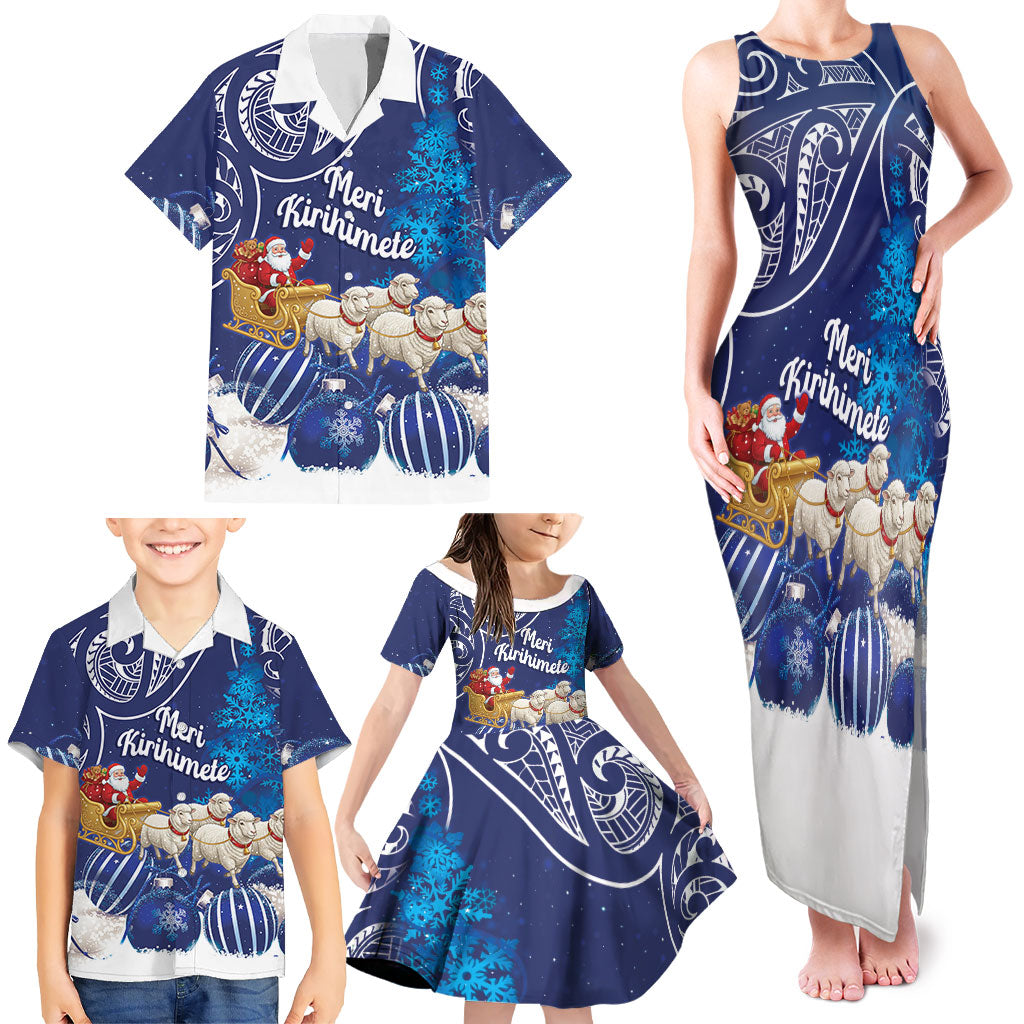 New Zealand Christmas In July Personalised Family Matching Tank Maxi Dress and Hawaiian Shirt Funny Santa Sheep Meri Kirihimete Blue LT14 - Polynesian Pride