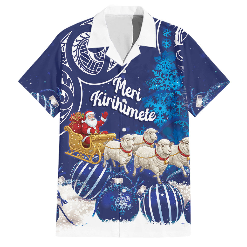New Zealand Christmas In July Personalised Family Matching Tank Maxi Dress and Hawaiian Shirt Funny Santa Sheep Meri Kirihimete Blue LT14 Dad's Shirt - Short Sleeve Blue - Polynesian Pride