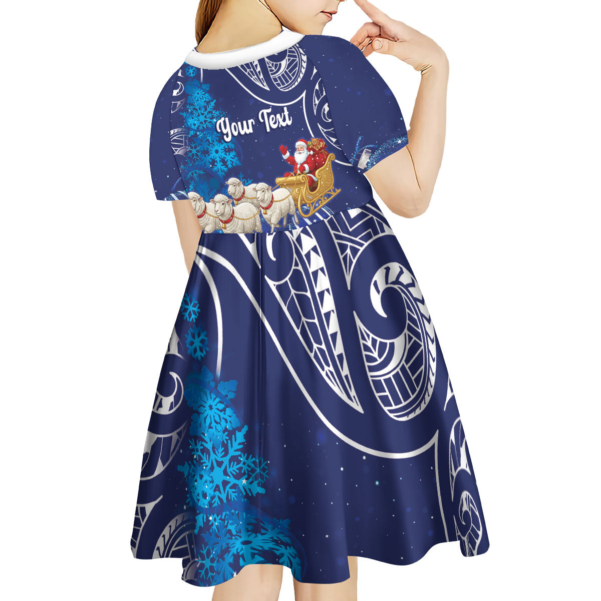 New Zealand Christmas In July Personalised Kid Short Sleeve Dress Funny Santa Sheep Meri Kirihimete Blue LT14 - Polynesian Pride