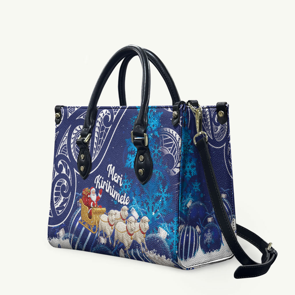 New Zealand Christmas In July Leather Bag Funny Santa Sheep Meri Kirihimete Blue LT14 Blue - Polynesian Pride