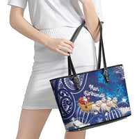 New Zealand Christmas In July Leather Tote Bag Funny Santa Sheep Meri Kirihimete Blue LT14 - Polynesian Pride