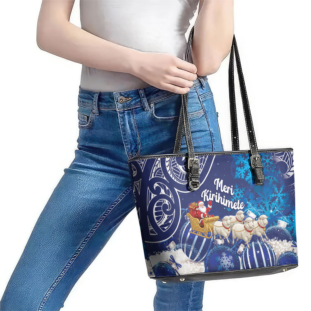 New Zealand Christmas In July Leather Tote Bag Funny Santa Sheep Meri Kirihimete Blue LT14 - Polynesian Pride