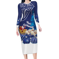 New Zealand Christmas In July Personalised Long Sleeve Bodycon Dress Funny Santa Sheep Meri Kirihimete Blue LT14 Long Dress Blue - Polynesian Pride