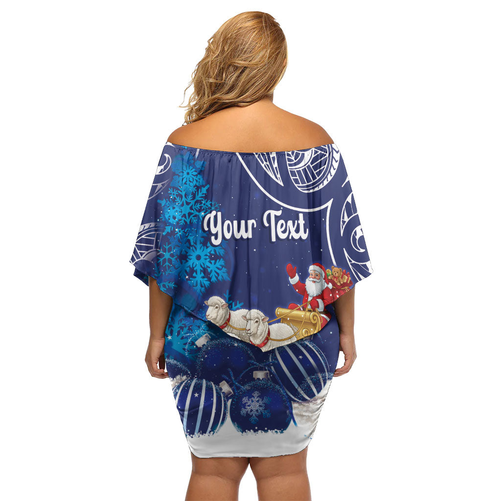 New Zealand Christmas In July Personalised Off Shoulder Short Dress Funny Santa Sheep Meri Kirihimete Blue LT14 - Polynesian Pride