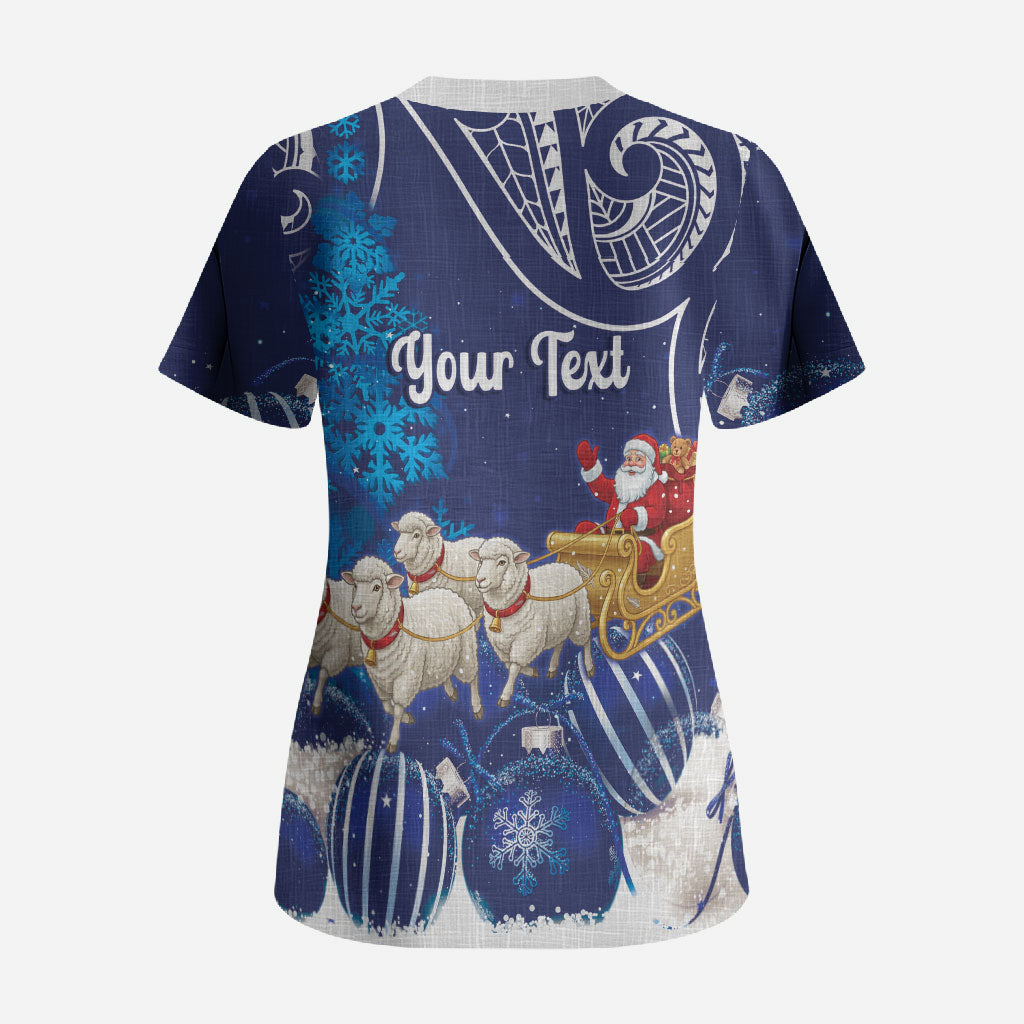 New Zealand Christmas In July Personalised Scrub Top Funny Santa Sheep Meri Kirihimete Blue LT14 - Polynesian Pride