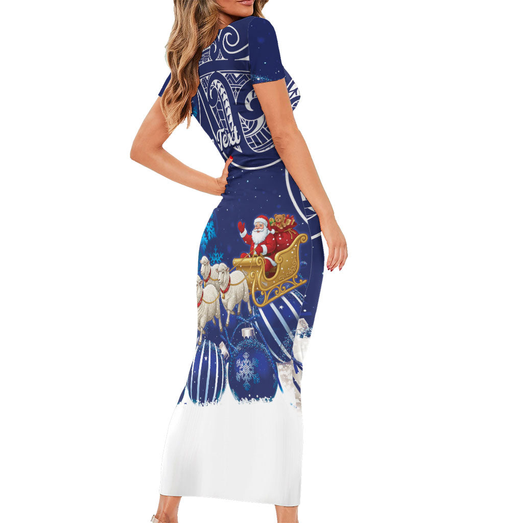 New Zealand Christmas In July Personalised Short Sleeve Bodycon Dress Funny Santa Sheep Meri Kirihimete Blue LT14 - Polynesian Pride