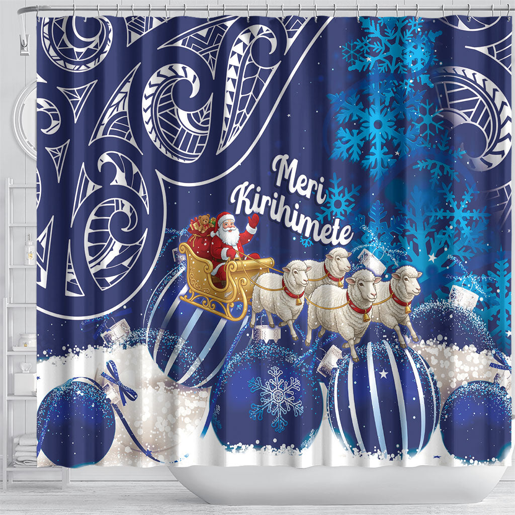 New Zealand Christmas In July Shower Curtain Funny Santa Sheep Meri Kirihimete Blue LT14 - Polynesian Pride