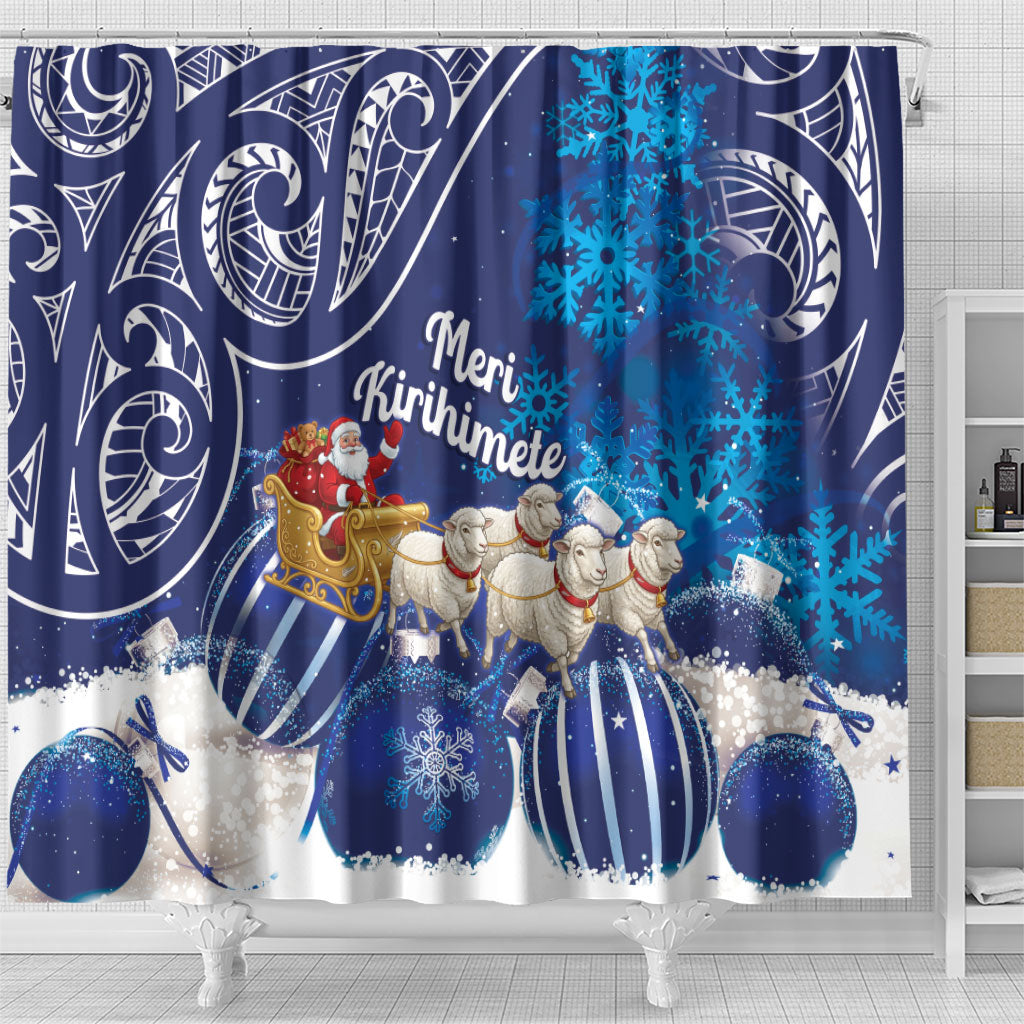 New Zealand Christmas In July Shower Curtain Funny Santa Sheep Meri Kirihimete Blue LT14 - Polynesian Pride