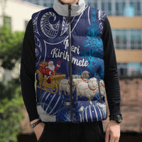 New Zealand Christmas In July Personalised Sleeveless Puffer Jacket Funny Santa Sheep Meri Kirihimete Blue LT14 - Polynesian Pride