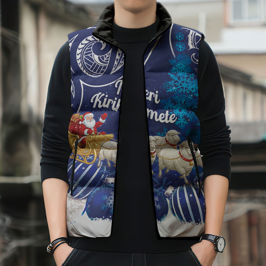 New Zealand Christmas In July Personalised Sleeveless Puffer Jacket Funny Santa Sheep Meri Kirihimete Blue LT14 - Polynesian Pride