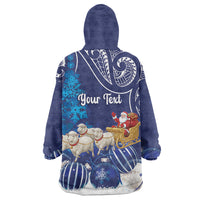 New Zealand Christmas In July Personalised Wearable Blanket Hoodie Funny Santa Sheep Meri Kirihimete Blue LT14 - Polynesian Pride