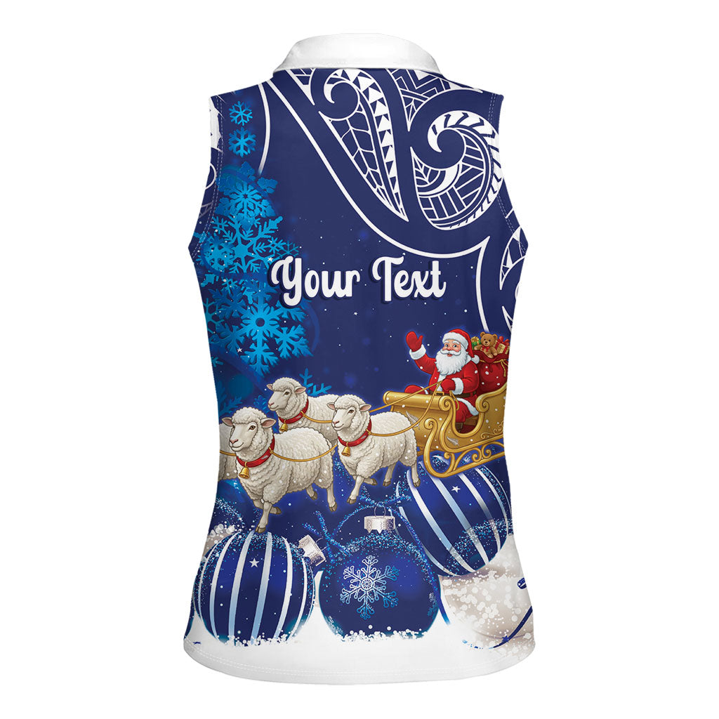 New Zealand Christmas In July Personalised Women Sleeveless Polo Shirt Funny Santa Sheep Meri Kirihimete Blue LT14 - Polynesian Pride