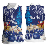 New Zealand Christmas In July Personalised Women Sleeveless Polo Shirt Funny Santa Sheep Meri Kirihimete Blue LT14 - Polynesian Pride