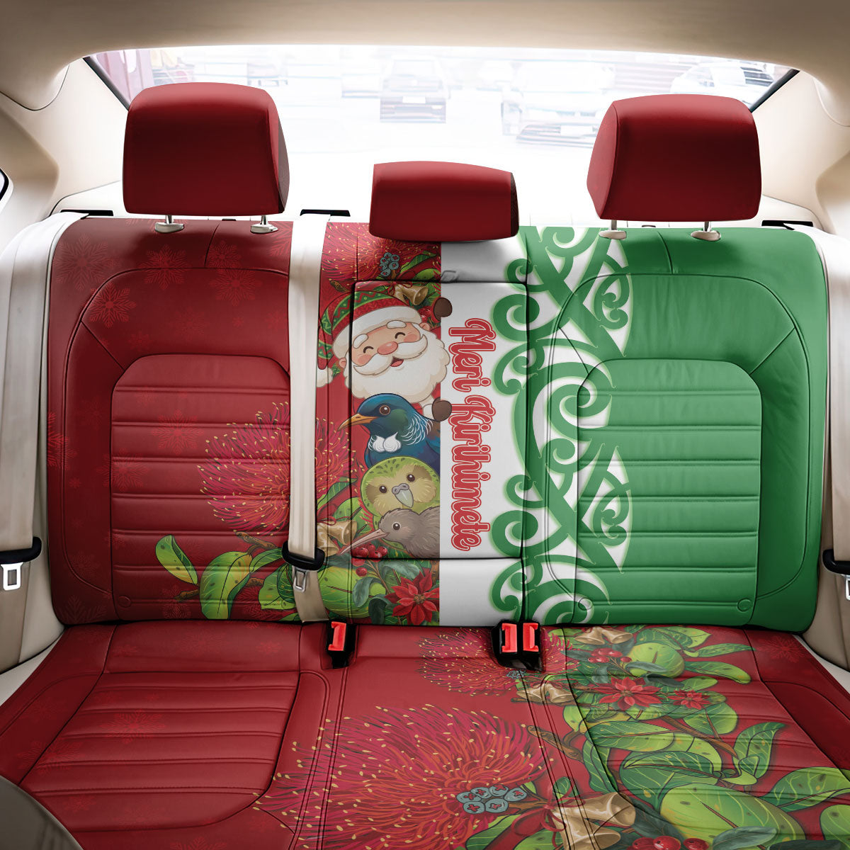 Meri Kirihimete New Zealand Back Car Seat Cover Cute Santa NZ Animals and Pohutukawa LT14 - Polynesian Pride