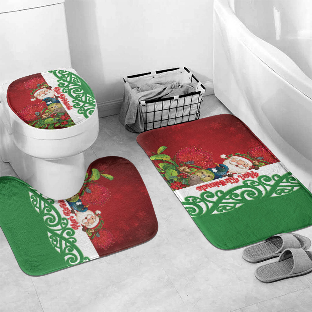 Meri Kirihimete New Zealand Bathroom Set Cute Santa NZ Animals and Pohutukawa LT14 Mat Set Only (3 pcs) One Size Red - Polynesian Pride