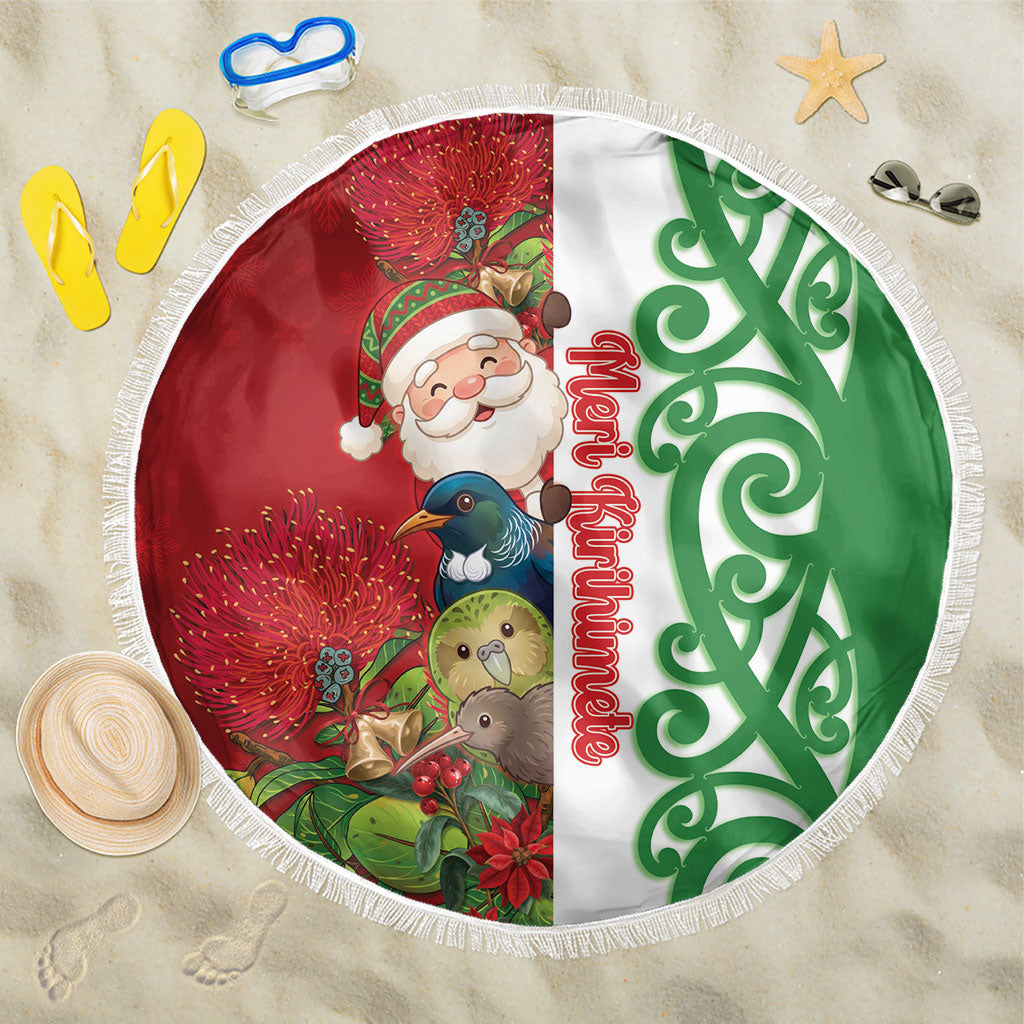 Meri Kirihimete New Zealand Beach Blanket Cute Santa NZ Animals and Pohutukawa LT14 One Size 150cm Red - Polynesian Pride