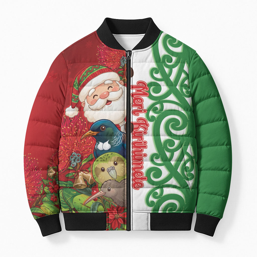 Meri Kirihimete New Zealand Personalised Bomber Puffer Jacket Cute Santa NZ Animals and Pohutukawa LT14 Unisex Red - Polynesian Pride