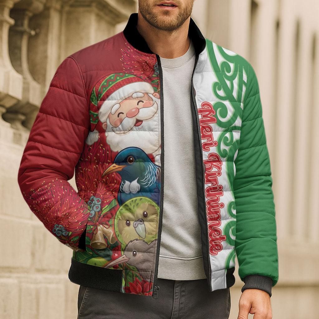 Meri Kirihimete New Zealand Personalised Bomber Puffer Jacket Cute Santa NZ Animals and Pohutukawa LT14 - Polynesian Pride