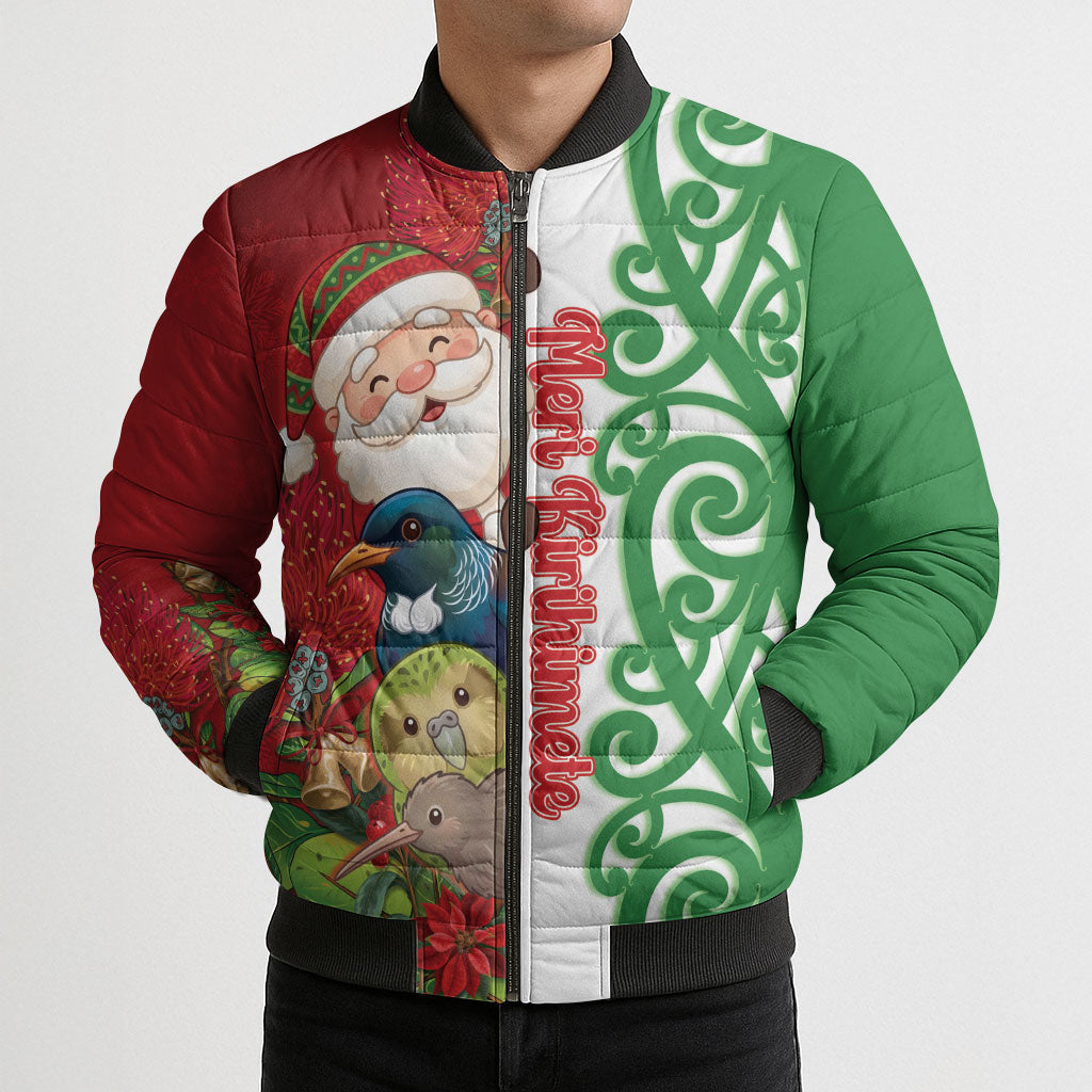 Meri Kirihimete New Zealand Personalised Bomber Puffer Jacket Cute Santa NZ Animals and Pohutukawa LT14 - Polynesian Pride