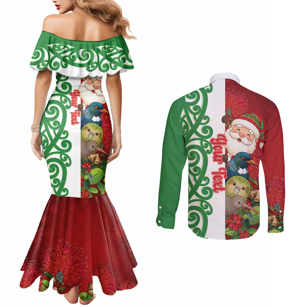 Meri Kirihimete New Zealand Personalised Couples Matching Mermaid Dress and Long Sleeve Button Shirt Cute Santa NZ Animals and Pohutukawa LT14 - Polynesian Pride