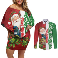 Meri Kirihimete New Zealand Personalised Couples Matching Off Shoulder Short Dress and Long Sleeve Button Shirt Cute Santa NZ Animals and Pohutukawa LT14 Red - Polynesian Pride