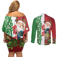 Meri Kirihimete New Zealand Personalised Couples Matching Off Shoulder Short Dress and Long Sleeve Button Shirt Cute Santa NZ Animals and Pohutukawa LT14 - Polynesian Pride