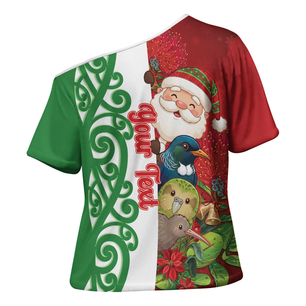 Meri Kirihimete New Zealand Personalised Cross Shoulder Shirt Cute Santa NZ Animals and Pohutukawa LT14 - Polynesian Pride