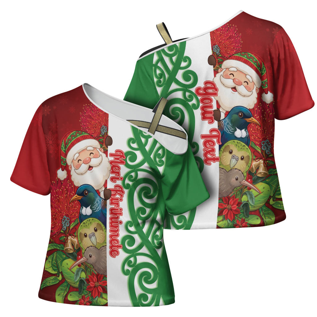Meri Kirihimete New Zealand Personalised Cross Shoulder Shirt Cute Santa NZ Animals and Pohutukawa LT14 - Polynesian Pride