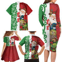 Meri Kirihimete New Zealand Personalised Family Matching Long Sleeve Bodycon Dress and Hawaiian Shirt Cute Santa NZ Animals and Pohutukawa LT14 - Polynesian Pride