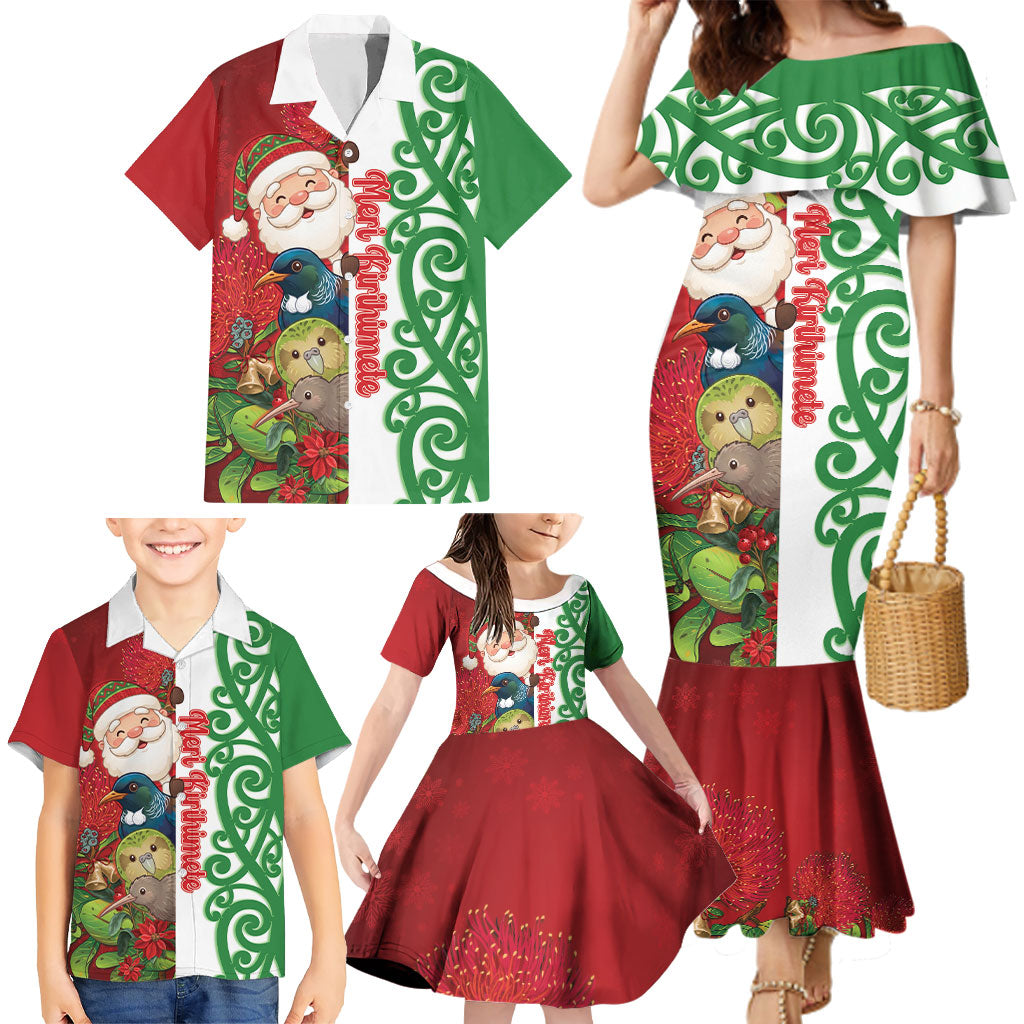 Meri Kirihimete New Zealand Personalised Family Matching Mermaid Dress and Hawaiian Shirt Cute Santa NZ Animals and Pohutukawa LT14 - Polynesian Pride