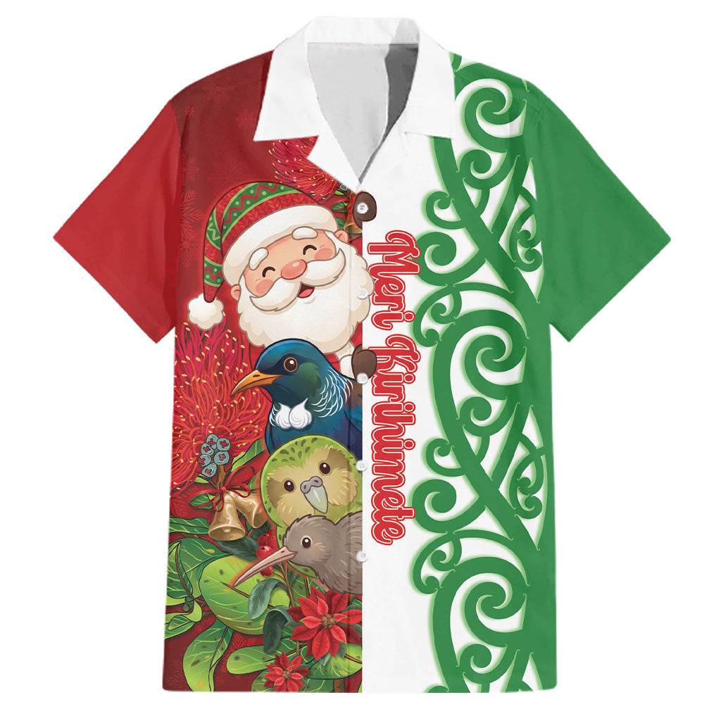 Meri Kirihimete New Zealand Personalised Family Matching Mermaid Dress and Hawaiian Shirt Cute Santa NZ Animals and Pohutukawa LT14 Dad's Shirt - Short Sleeve Red - Polynesian Pride