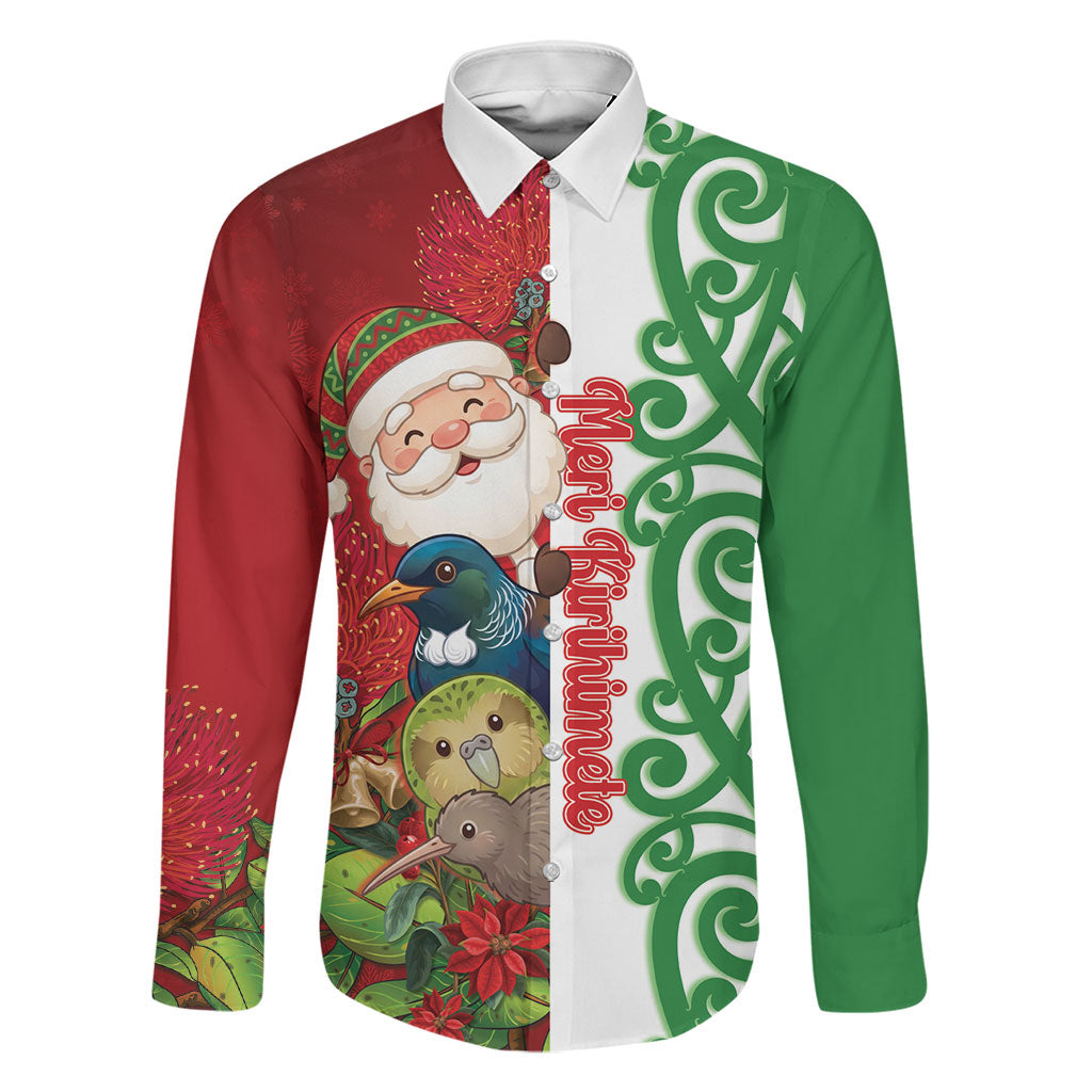 Meri Kirihimete New Zealand Personalised Family Matching Mermaid Dress and Hawaiian Shirt Cute Santa NZ Animals and Pohutukawa LT14 Dad's Shirt - Long Sleeve Red - Polynesian Pride