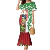 Meri Kirihimete New Zealand Personalised Family Matching Mermaid Dress and Hawaiian Shirt Cute Santa NZ Animals and Pohutukawa LT14 Mom's Dress Red - Polynesian Pride