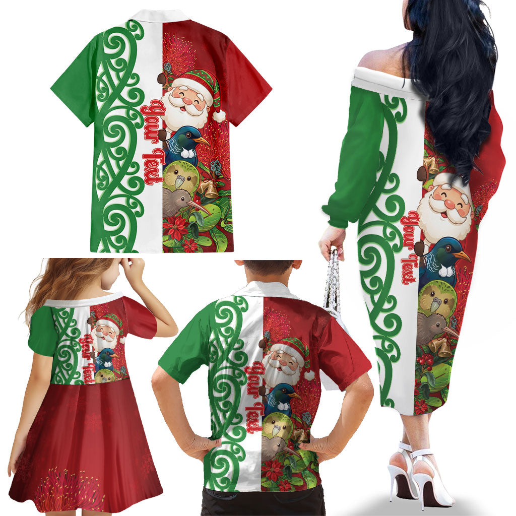 Meri Kirihimete New Zealand Personalised Family Matching Off The Shoulder Long Sleeve Dress and Hawaiian Shirt Cute Santa NZ Animals and Pohutukawa LT14 - Polynesian Pride