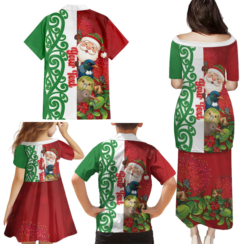 Meri Kirihimete New Zealand Personalised Family Matching Puletasi and Hawaiian Shirt Cute Santa NZ Animals and Pohutukawa LT14 - Polynesian Pride