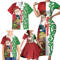 Meri Kirihimete New Zealand Personalised Family Matching Short Sleeve Bodycon Dress and Hawaiian Shirt Cute Santa NZ Animals and Pohutukawa LT14 - Polynesian Pride