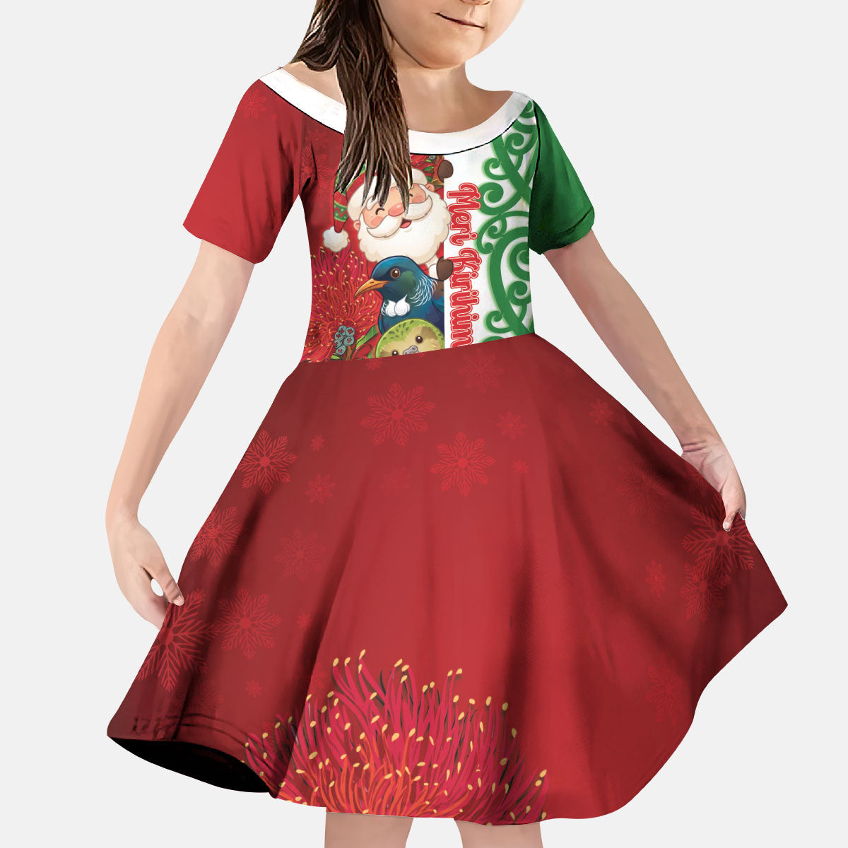 Meri Kirihimete New Zealand Personalised Kid Short Sleeve Dress Cute Santa NZ Animals and Pohutukawa LT14 KID Red - Polynesian Pride