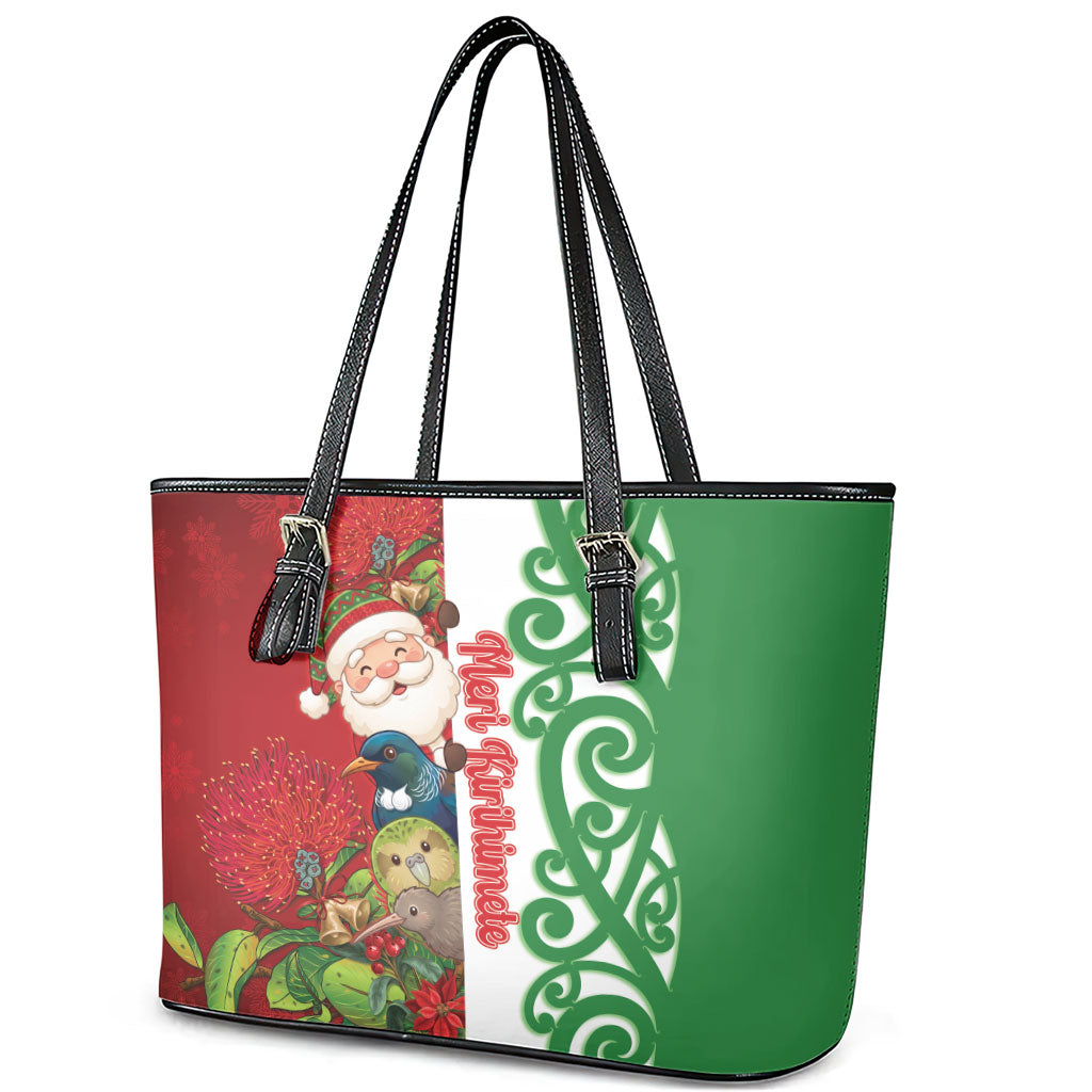 Meri Kirihimete New Zealand Leather Tote Bag Cute Santa NZ Animals and Pohutukawa LT14 - Polynesian Pride