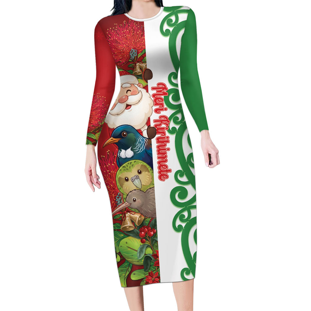 Meri Kirihimete New Zealand Personalised Long Sleeve Bodycon Dress Cute Santa NZ Animals and Pohutukawa LT14 Long Dress Red - Polynesian Pride