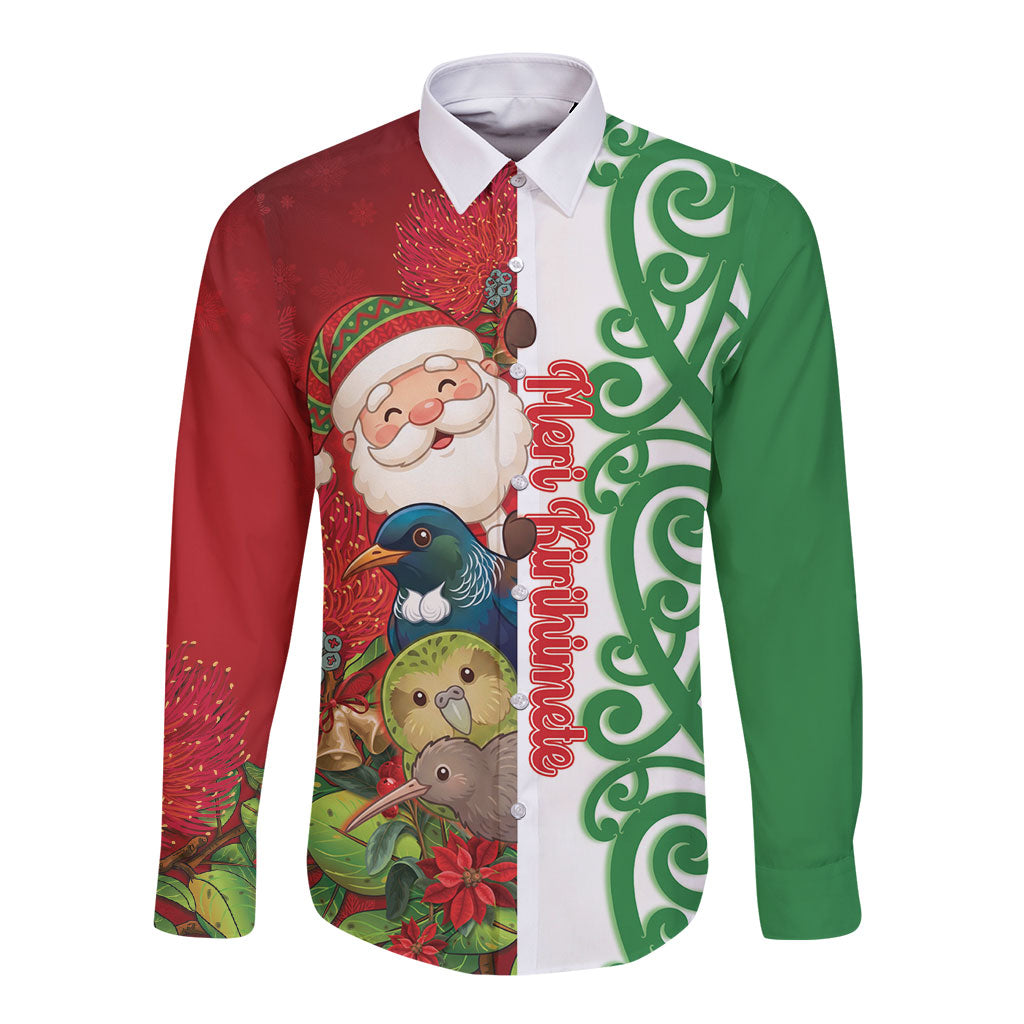 Meri Kirihimete New Zealand Personalised Long Sleeve Button Shirt Cute Santa NZ Animals and Pohutukawa LT14 Unisex Red - Polynesian Pride