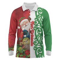 Meri Kirihimete New Zealand Personalised Long Sleeve Polo Shirt Cute Santa NZ Animals and Pohutukawa LT14 Red - Polynesian Pride