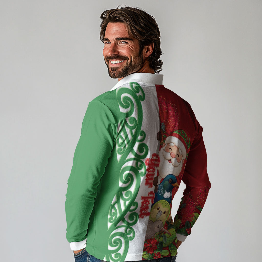 Meri Kirihimete New Zealand Personalised Long Sleeve Polo Shirt Cute Santa NZ Animals and Pohutukawa LT14 - Polynesian Pride